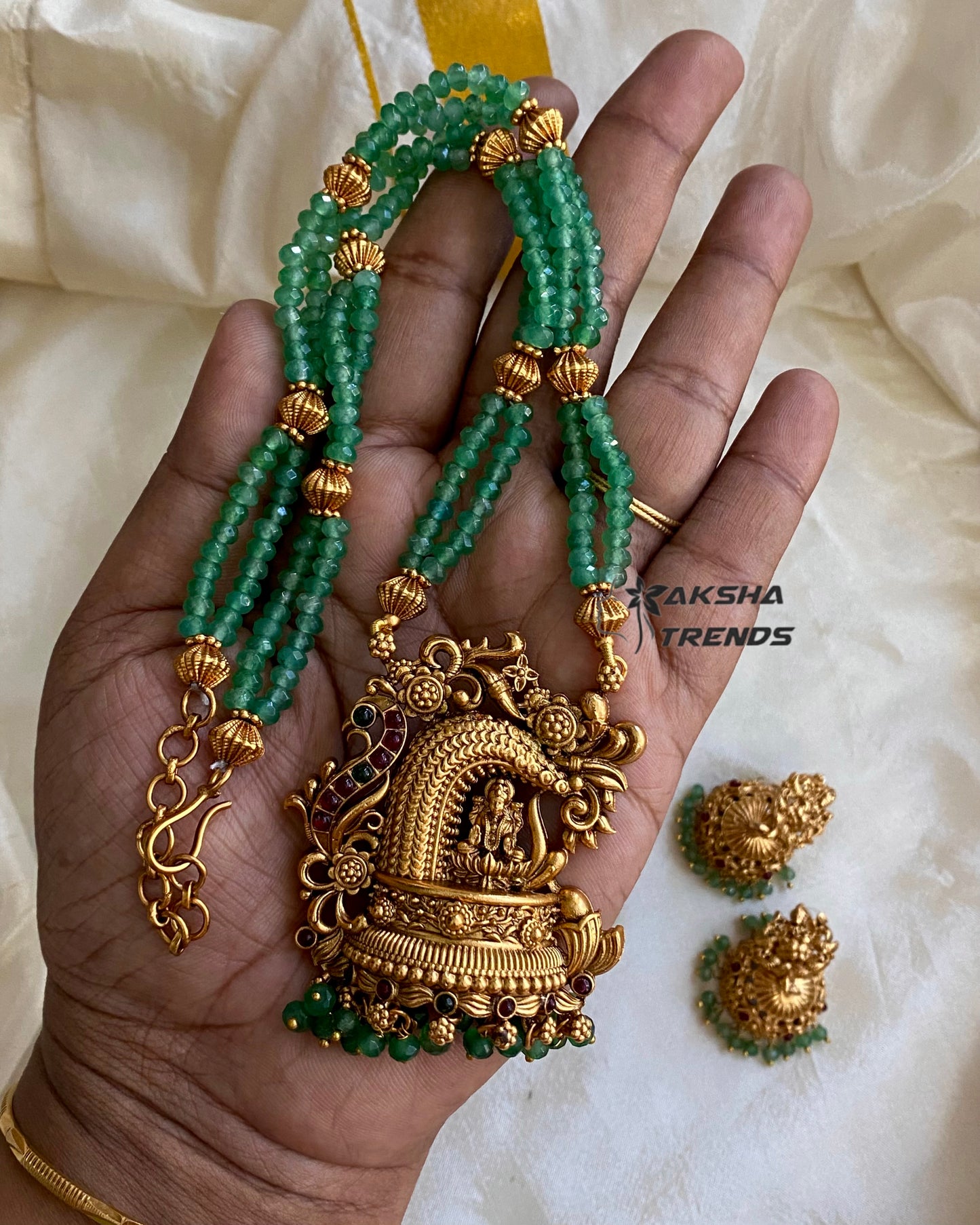 Lakshmi pendant -mint green beads Aksha Trends