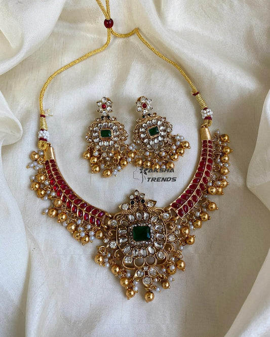 Bridal Ruby Necklace -Gold beads Aksha Trends