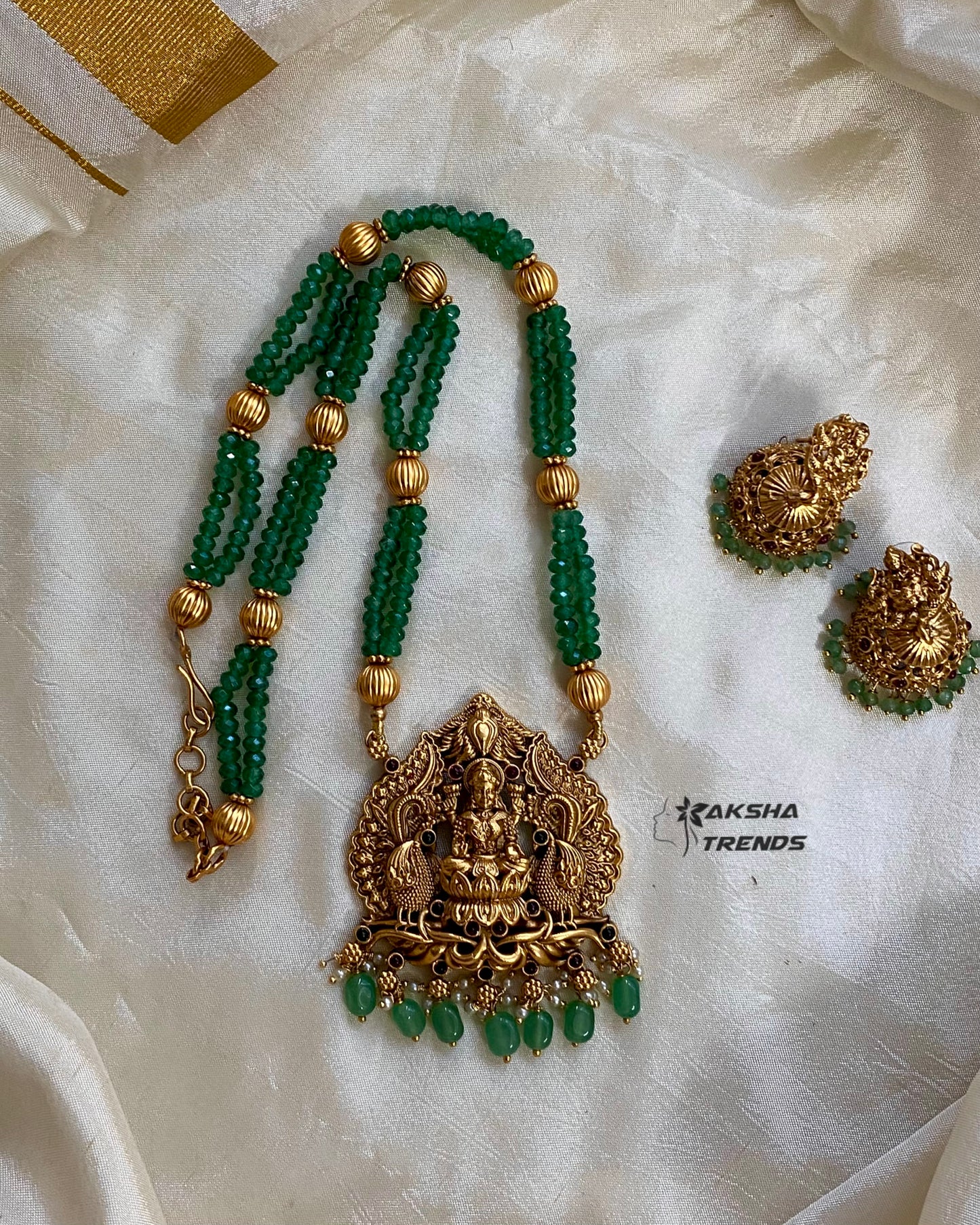 Lakshmi peacock pendant -mint green beads Aksha Trends