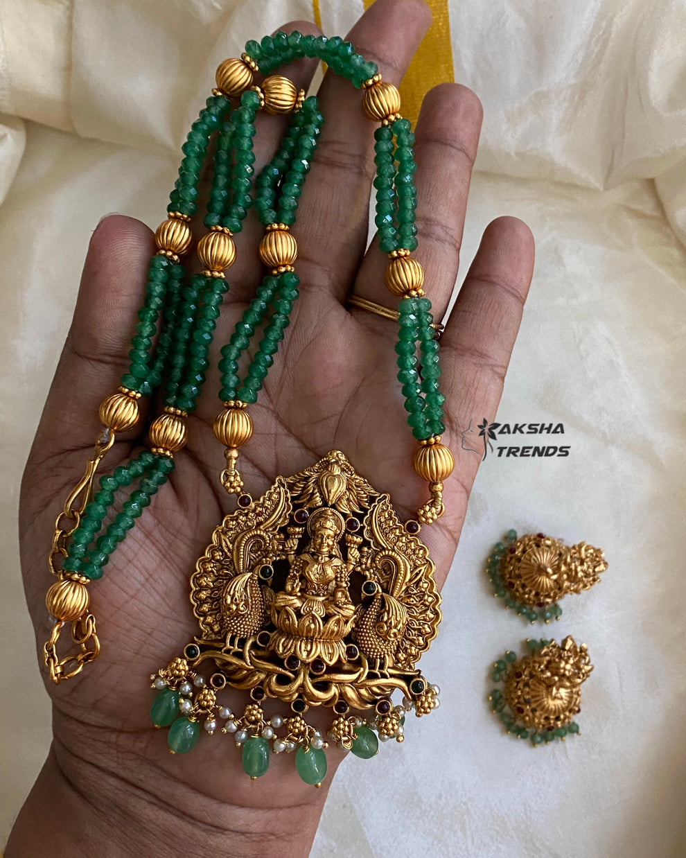 Lakshmi peacock pendant -mint green beads Aksha Trends 