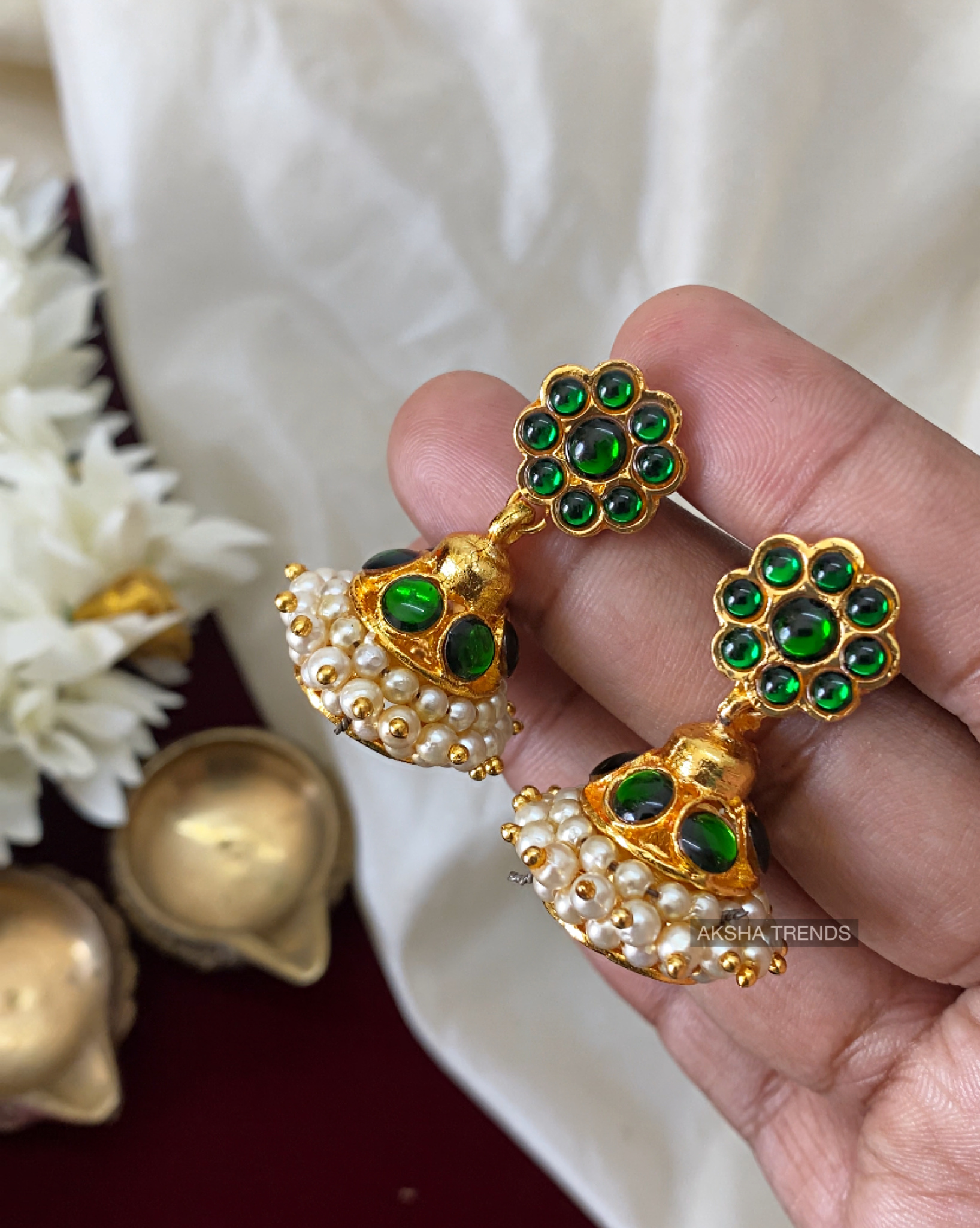 Stylish Kundan Stone Antique Gold Plated Jhumka Earrings|Kollam Supreme