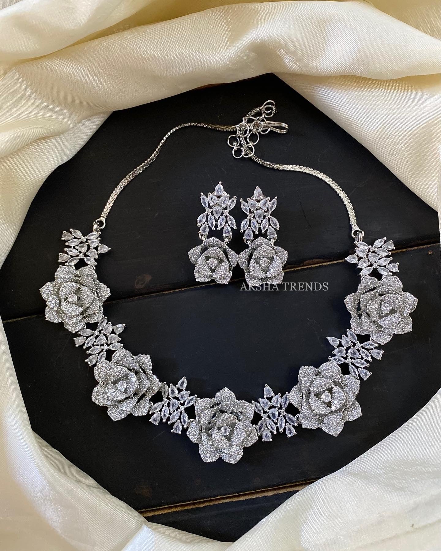 Silver rose flower diamond necklace Aksha Trends