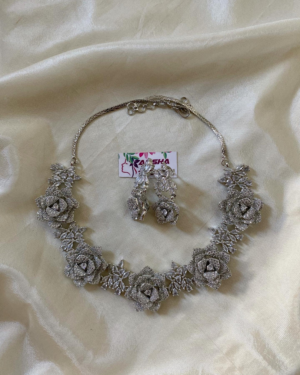 Silver rose flower diamond necklace Aksha Trends 